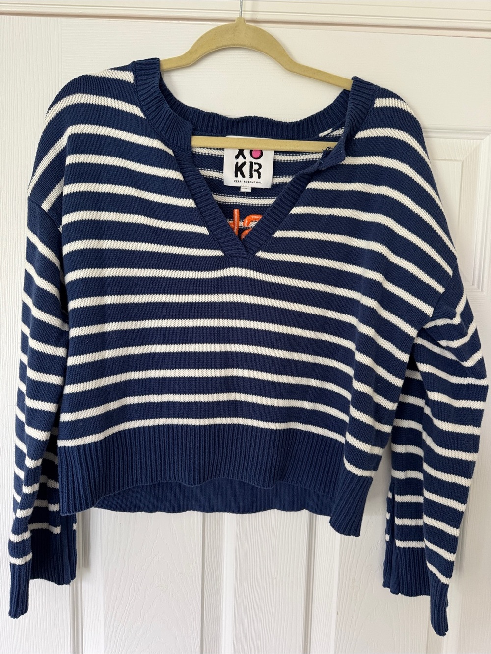Kerri Rosenthal Navy and White Striped V-Neck Sweater